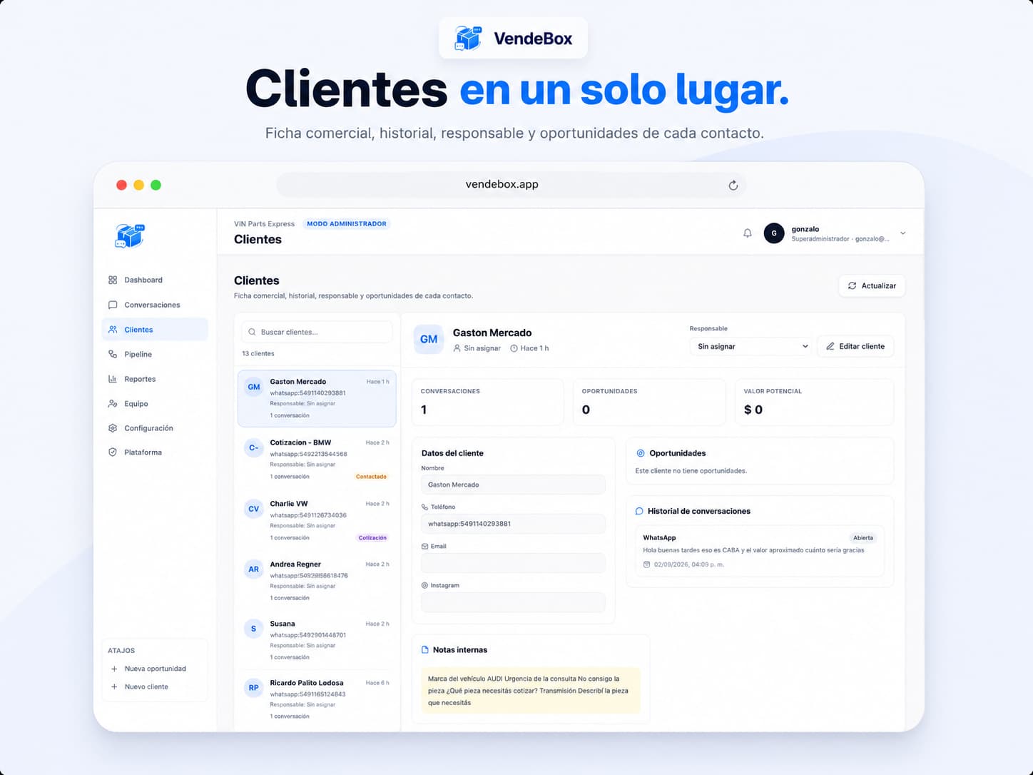 Vista Clientes 360 de VendeBox