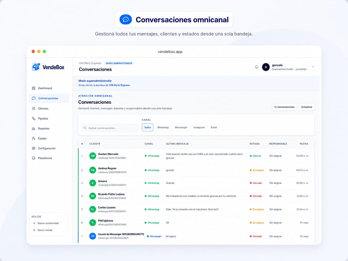 Bandeja omnicanal de conversaciones de VendeBox